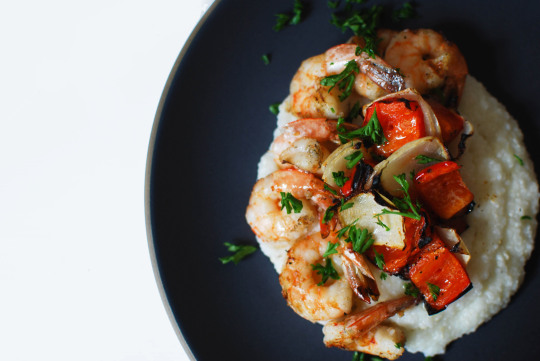 Shrimp and Grits with Red Pepper Mash Butter
