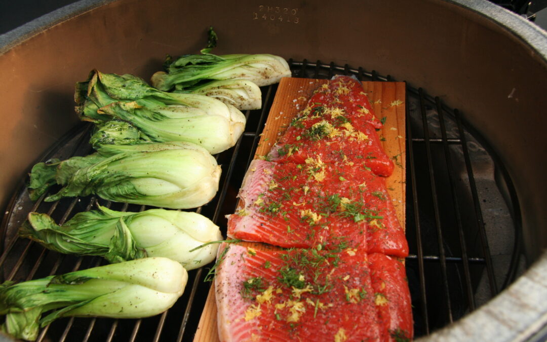 Butter-basted Cedar Plank Salmon with Bok Choy and Mushrooms